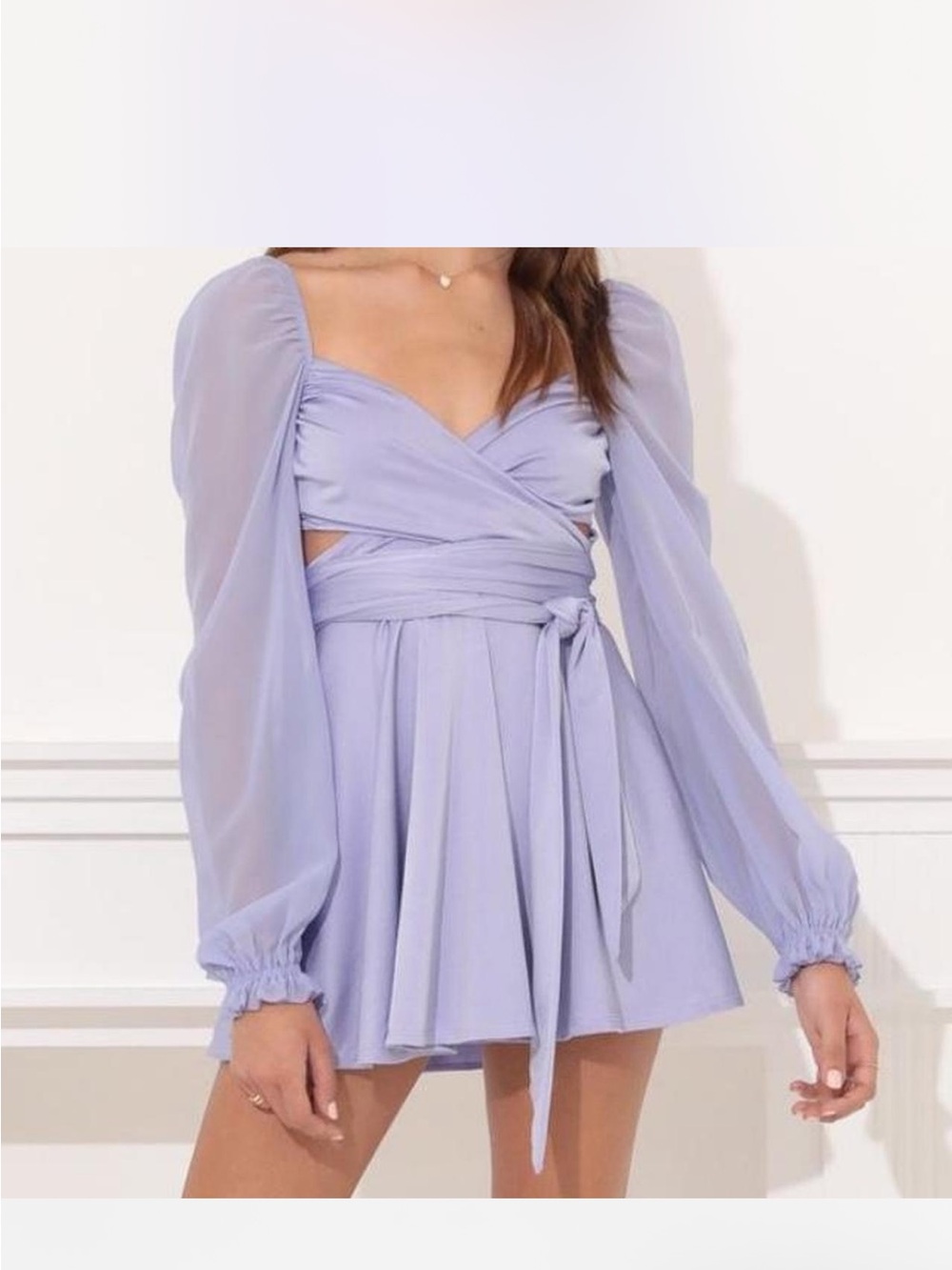Lucy in the Sky Lavender/Purple Wrap Mini Dress with Sheer Long Chiffon Sleeves